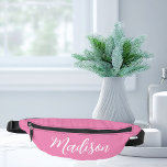 Trendy Pink Girls Name Handwritten Script Custom Fanny Pack<br><div class="desc">A chic personalized pink monogram fanny pack for a girl who loves simple,  handwritten gifts. Beautiful white cursive script spelling out your name in elegant script.</div>