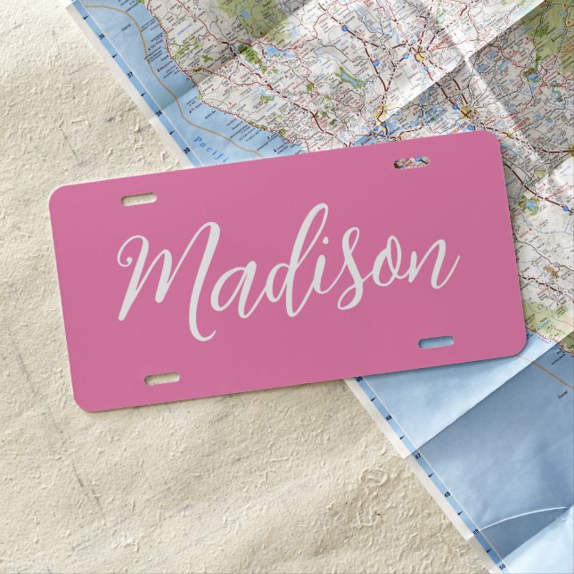 Trendy Pink Girls Name Handwritten Script Custom License Plate (In Situ)