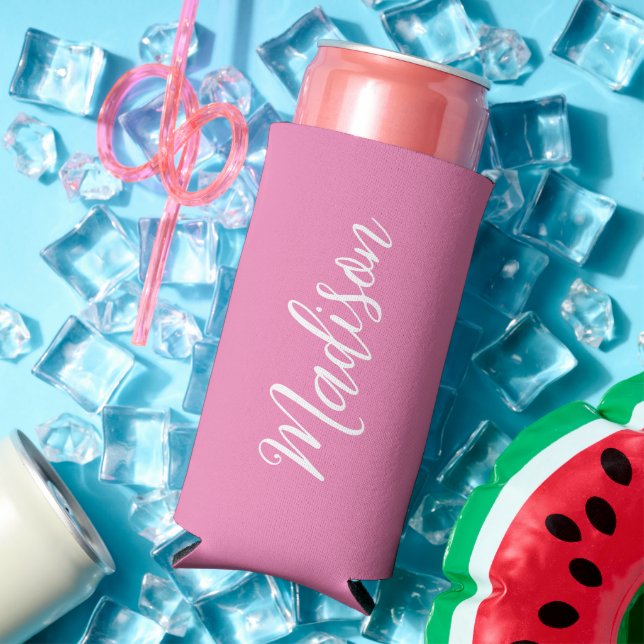 Trendy Pink Girls Name Handwritten Script Custom Seltzer Can Cooler (In Situ Summer)