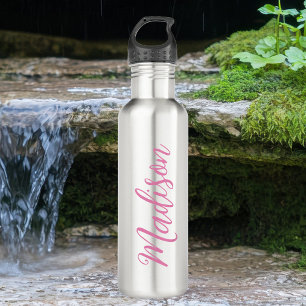 Trendy Pink Girls Name Handwritten Script Custom Stainless Steel Water Bottle