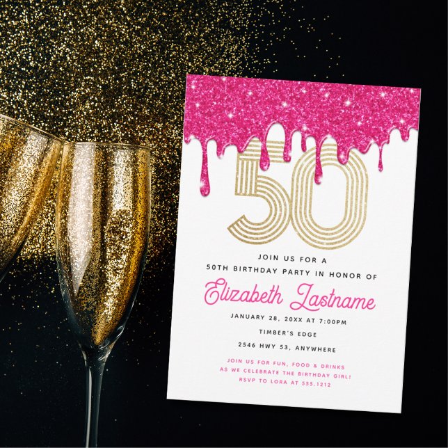 Trendy Pink Glitter Drip 50th Birthday Invitation  (Creator Uploaded)