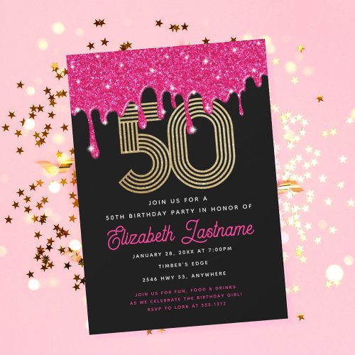 Trendy Pink Glitter Drip 50th Birthday Invitation 