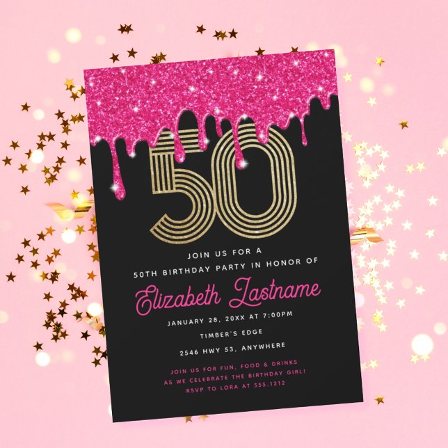 Trendy Pink Glitter Drip 50th Birthday Invitation  (Creator Uploaded)