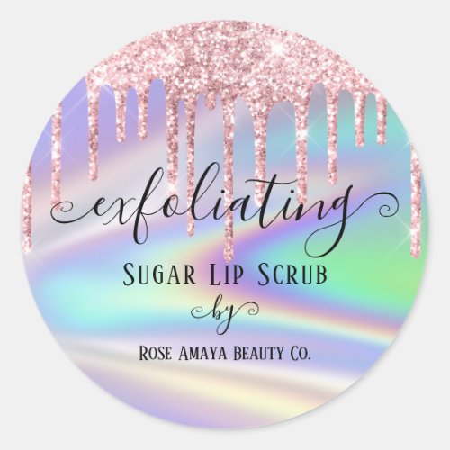 Trendy Pink Glitter Drips Faux Holographic Custom Classic Round Sticker