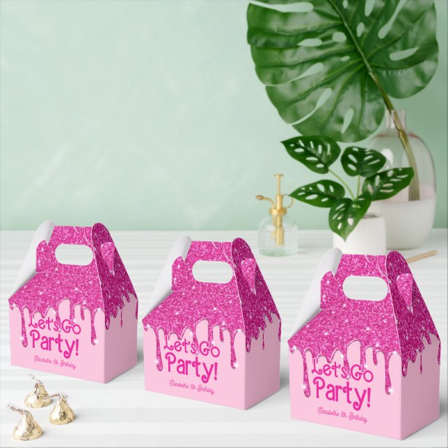Trendy Pink Glitter Let's Go Party Birthday Favor Boxes (Multiple)