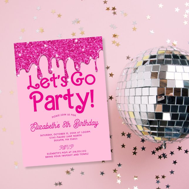 Trendy Pink Glitter Let's Go Party Birthday Invitation (Trendy Pink Glitter Let's Go Party Birthday Invitation)