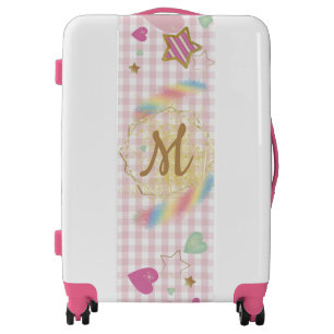 Trendy Pink Glitter Rainbow Gingham Monogram Luggage
