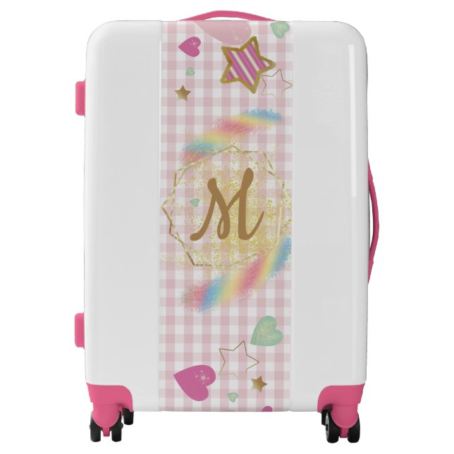 Trendy Pink Glitter Rainbow Gingham Monogram Luggage (Front)