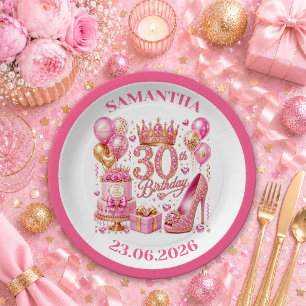 Trendy Pink Glitter Shine 30th Birthday Paper Plat Plates