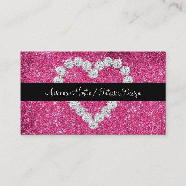 Trendy Pink Glitter Sparkly Diamond Heart Business Card (Front)