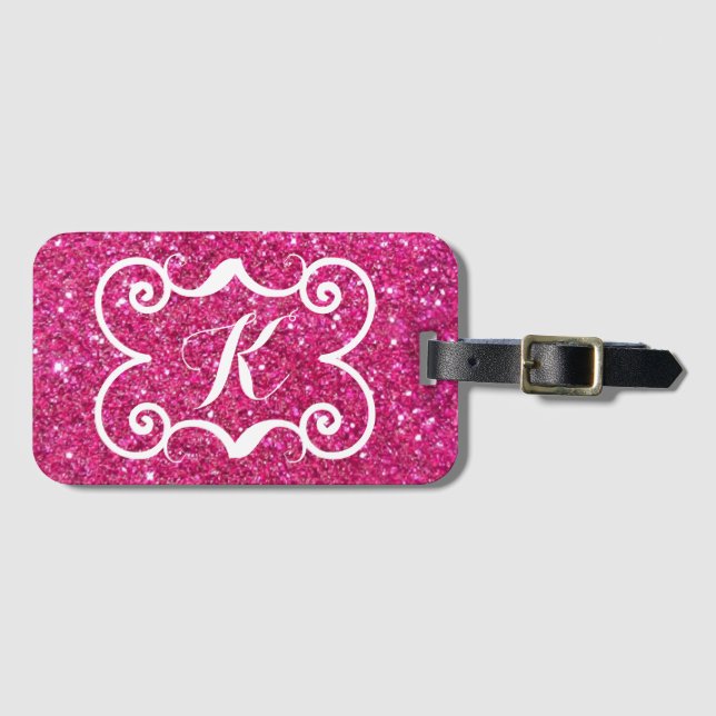 Trendy Pink Glitter White Monogram Custom Luggage Tag (Front Horizontal)