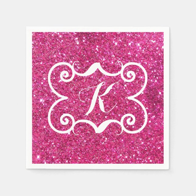 Trendy Pink Glitter White Monogram Custom Napkins (Front)