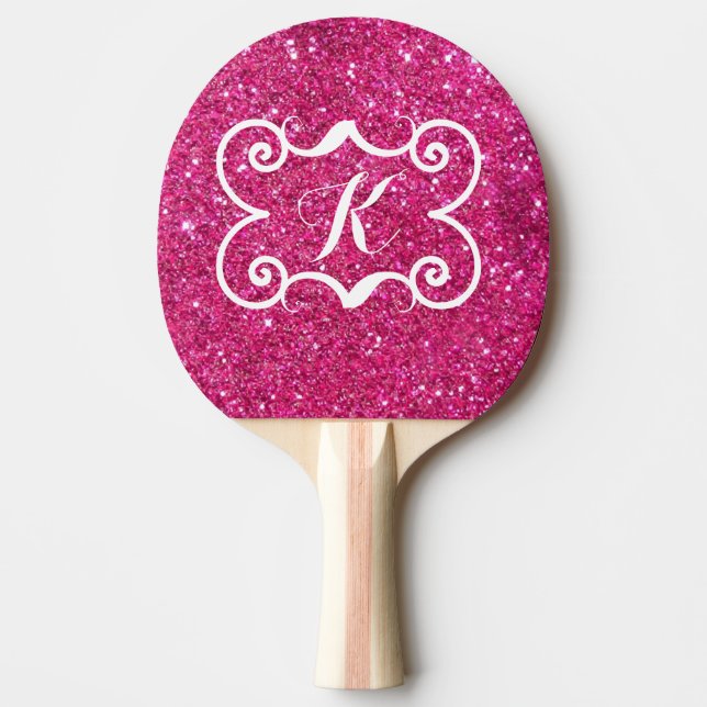 Trendy Pink Glitter White Monogram Custom Ping Pong Paddle (Front)