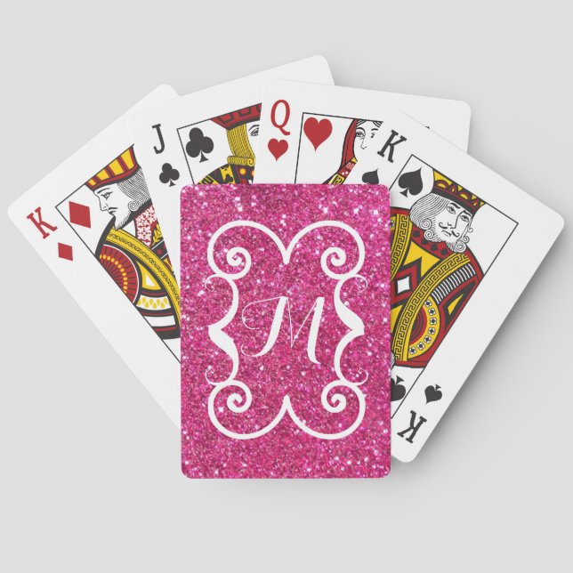  Trendy Pink Glitter White Monogram Custom Poker Cards (Back)