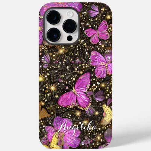 Trendy Pink Gold and Black  Butterflies Custom Case_Mate iPhone 14 Pro Max Case