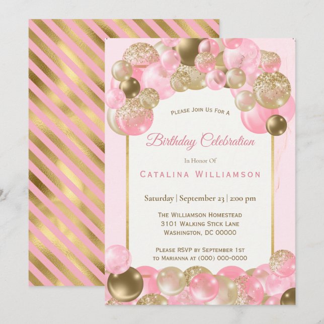 Trendy Pink Gold Balloons Birthday Invitation (Front/Back)