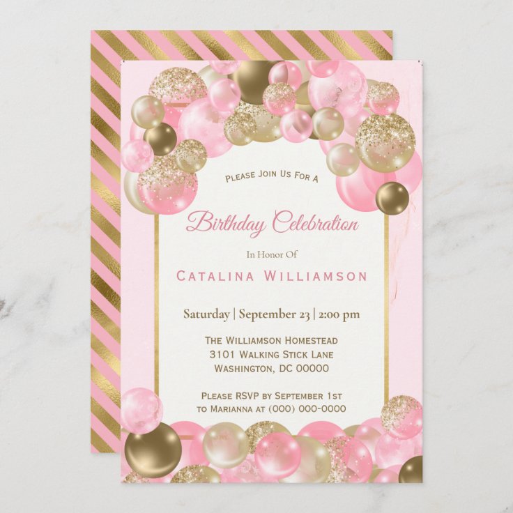 Trendy Pink Gold Balloons Birthday Invitation | Zazzle