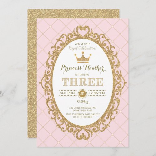 Trendy Pink Gold Crown Princess 3rd Birthday Party Invitation