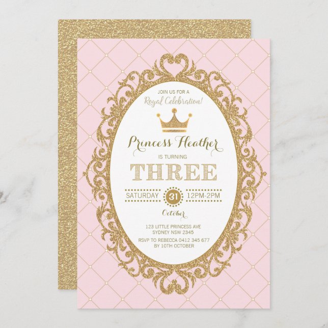 Trendy Pink Gold Crown Princess 3rd Birthday Party Invitation (Front/Back)