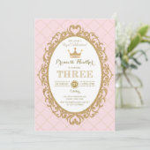 Trendy Pink Gold Crown Princess 3rd Birthday Party Invitation (Standing Front)