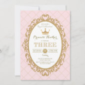 Trendy Pink Gold Crown Princess 3rd Birthday Party Invitation (Front)