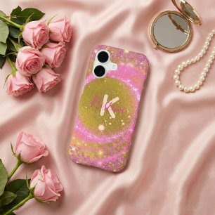Trendy Pink Gold Faux Glitter Sparkle Monogram iPhone 17 Case