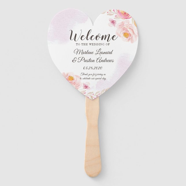 Trendy Pink & Gold Floral Wedding Program Hand Fan (Front)