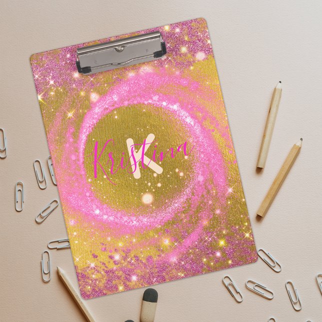 Trendy Pink & Gold Glitter Sparkle Monogram Name  Clipboard (Creator Uploaded)