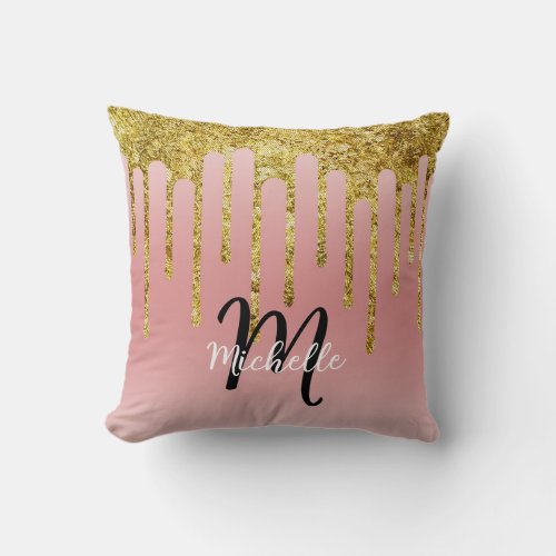 Trendy Pink Gold Glitter Typography Monogrammed Throw Pillow