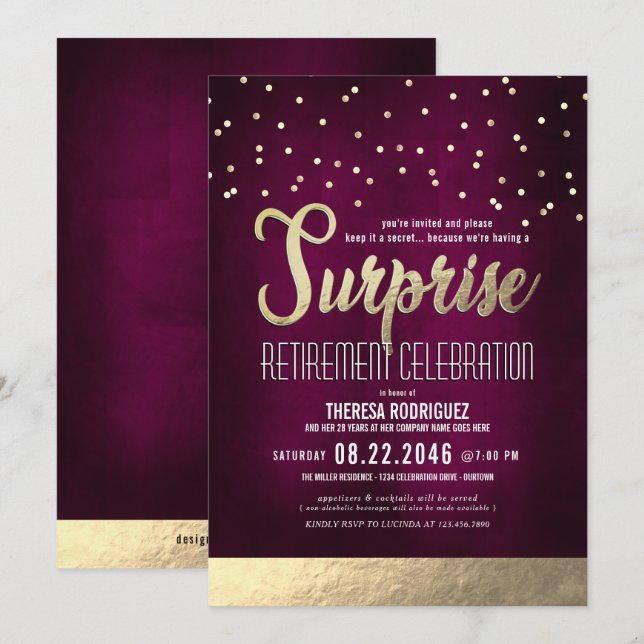 Trendy Pink/Gold Surprise Retirement Party Invitation (Front/Back)