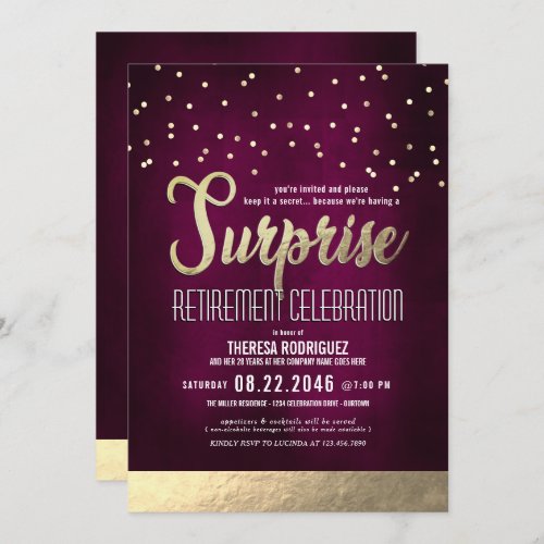 Trendy PinkGold Surprise Retirement Party Invitation