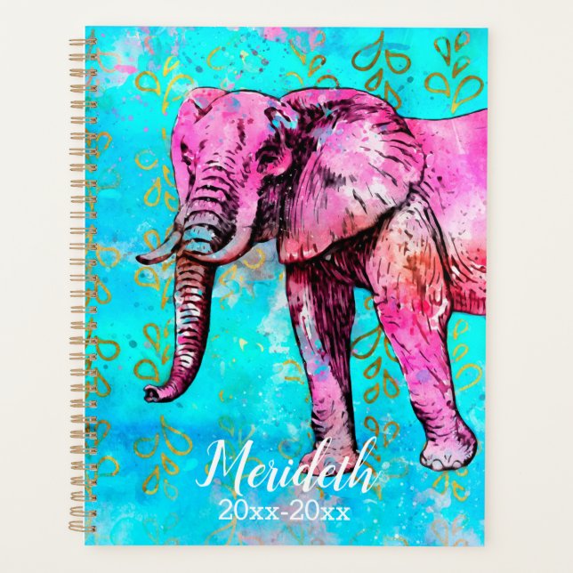 Trendy Pink Gold Turquoise Elephant School Year Planner (Front)