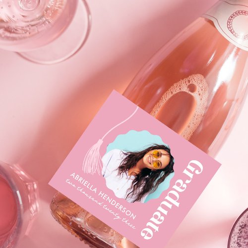Trendy Pink Graduation Photo Sparkling Wine Label