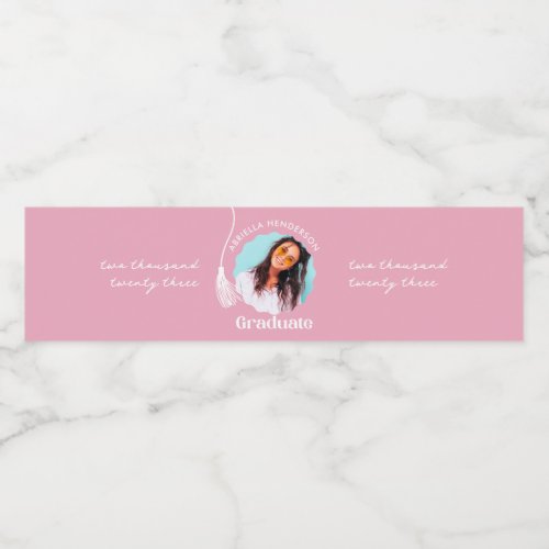 Trendy Pink Graduation Photo Water Bottle Label