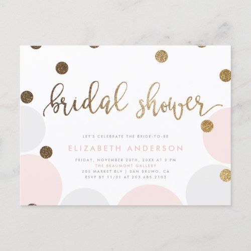 Trendy Pink Gray and Gold Bubbles Bridal Shower Invitation Postcard