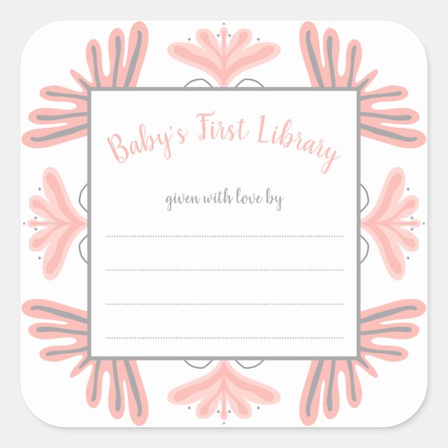 Trendy Pink Gray girl baby shower bookplate label (Front)