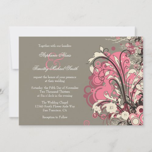 Trendy pink gray grunge swirls wedding invitation