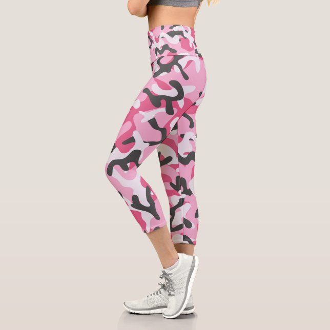 Trendy Pink Gray White Camo Pattern Summer Capri Leggings (Left)
