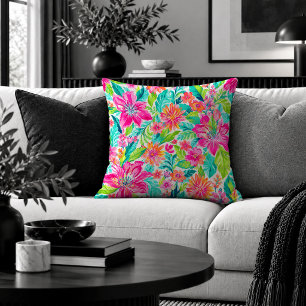 Trendy Pink Green Eccentric Preppy Floral Pillow A