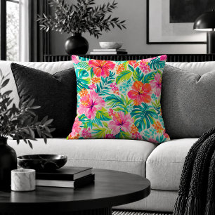 Trendy Pink Green Vibrant Preppy Floral Pillow Dec