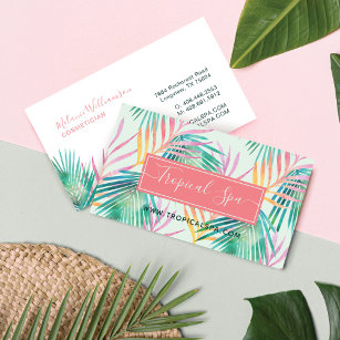 Trendy Pink & Green Watercolor Tropical Palm Leaf Business Card