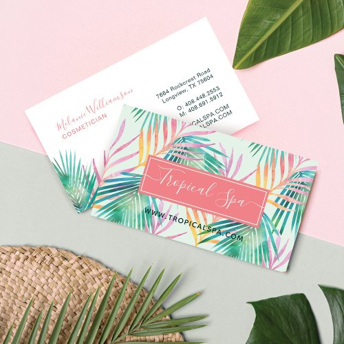 Trendy Pink  Green Watercolor Tropical Palm Leaf Business Card