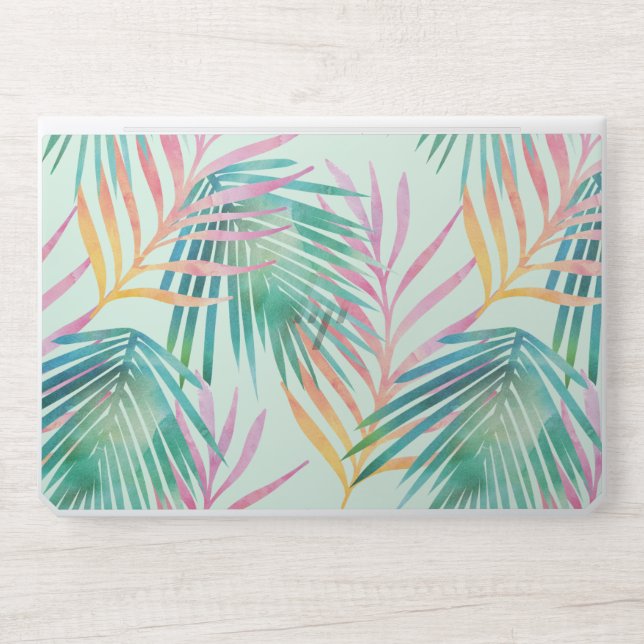 Trendy Pink & Green Watercolor Tropical Palm Leaf HP Laptop Skin (Front)
