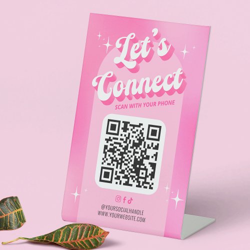 Trendy Pink Groovy Lets Connect Scannable QR Code Pedestal Sign