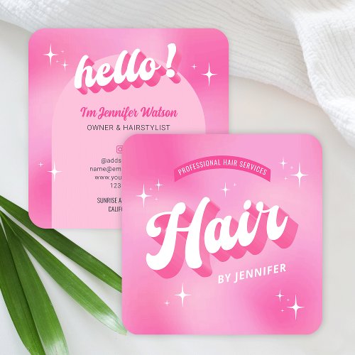 Trendy Pink Hairstylist Salon Retro Groovy Hair Square Business Card