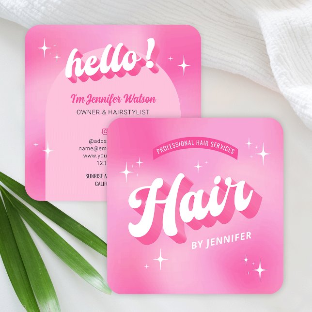 Trendy Pink Hairstylist Salon Retro Groovy Hair Square Business Card (Trendy hair business cards in girly pink colors featuring retro groovy fonts and sparkles)
