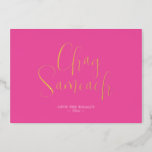 Trendy Pink Happy Hanukkah Foil Holiday Card<br><div class="desc">These trendy photo Hanukkah cards feature the words "Chag Sameach" in elegant gold foil script typography. The card reverses to a unique and colorful watercolor poinsettia floral pattern with your photo. Use the template fields to add your personalization. A unique and bright choice for your pinkmas holiday greeting cards. To...</div>