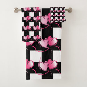 Trendy Pink Heart And Black Plaid Pattern Bath Tow Towel Set
