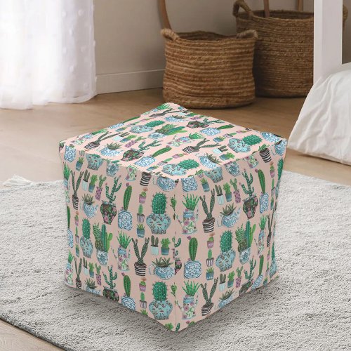 Trendy pink house plants Cactus pattern  Pouf