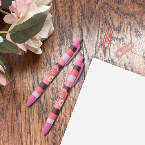 Trendy Pink Hues Stripes with Daisy Monogram Pen